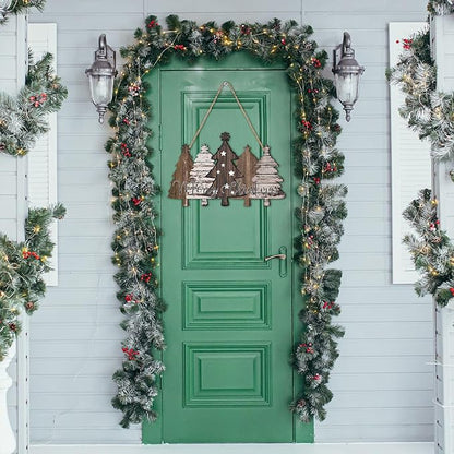 Soaoo Rustic Christmas Door Sign Decor Neutral Wooden Farmhouse Christmas Tree Hanging Sign Nature Vintage Xmas Front Door Decor Wood Welcome Hanger for Home Wall Indoor Outdoor Decoration