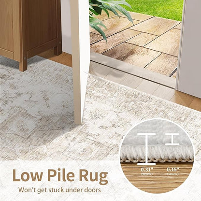 Rugxara 6x9 Washable Area Rug for Living Room, Neutral Vintage Large Boho Rugs for Office, Dining Room, Kids Room, Farmhouse, Durable Low Pile Non Slip Carpet for High Traffic Areas, Beige