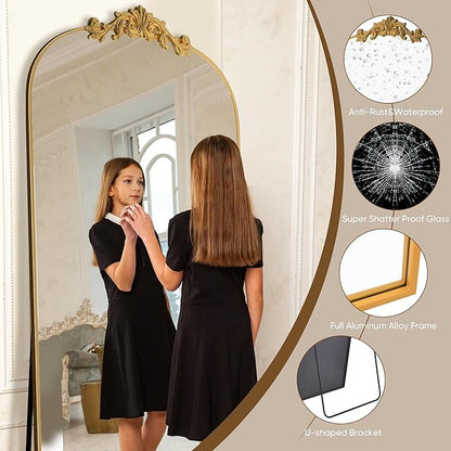Antok Arched Full Length Mirror, 78"x38" Floor Mirror with Carved, Full Body Mirrors for HomeDecor, Standing/Halling Large Wall Mirror for Bedroom, Living Room, Cloakroom, Gold, Retro Style