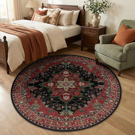 RELEANY Area Rugs Round 5ft Washable Non-Slip, Floral Vintage Distress Print Pattern Medallion Carpet for Living Room Bedroom Dining Room, Red Black