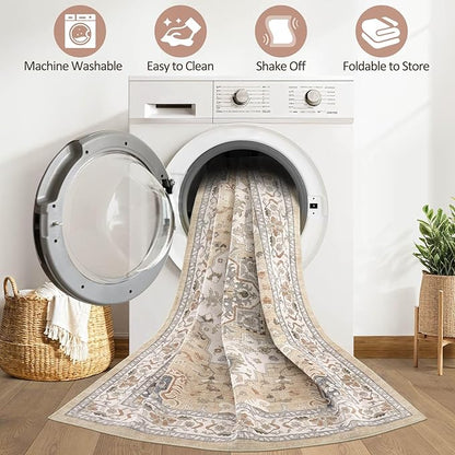 8x10 Area Rugs Living Room: Washable Boho Large Neutral Vintage Soft Rug Stain Resistant Farmhouse Non-Slip Indoor Floor Retro Carpet for Bedroom Nursery Kids Office Dining Room- Sand Gray