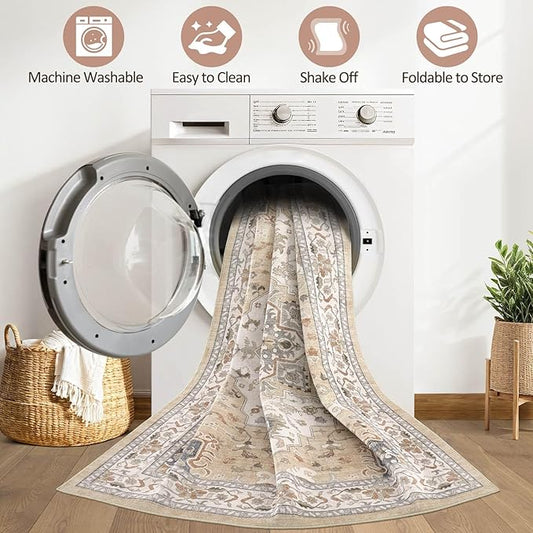 8x10 Area Rugs Living Room: Washable Boho Large Neutral Vintage Soft Rug Stain Resistant Farmhouse Non-Slip Indoor Floor Retro Carpet for Bedroom Nursery Kids Office Dining Room- Sand Gray