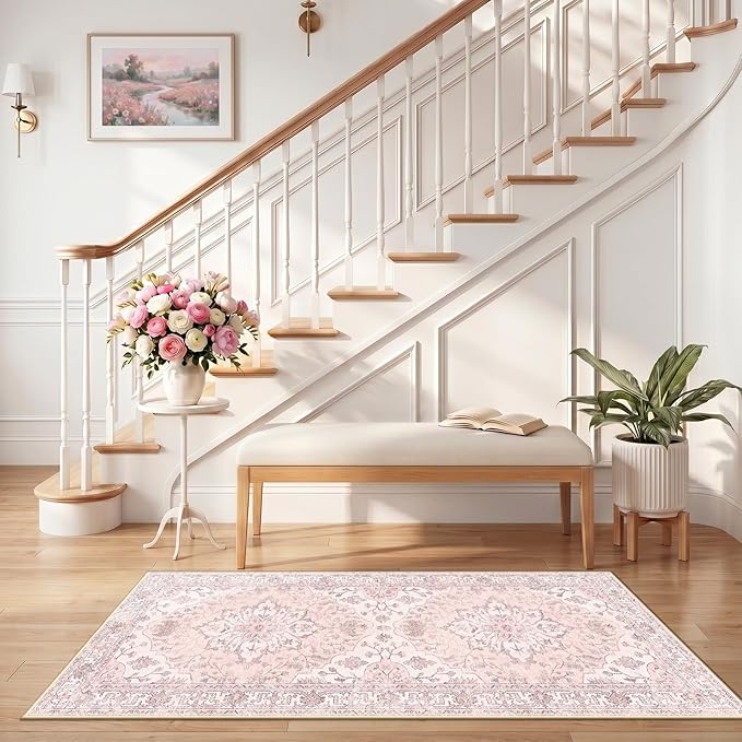 RELEANY Area Rugs 2'6"x5' Runner Rug Non Slip Washable for Kitchen Hallway Bedroom Beside Laundry Room Bathroom Rug, Floor Carpet, Pink Greypink Cute