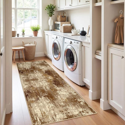 RELEANY Washable Area Rugs 2'x6' Non-Slip Modern Abstract Soft for Living Room Entryway Bedroom Nursery, Print Pattern, Brown Tan Beige Coffee