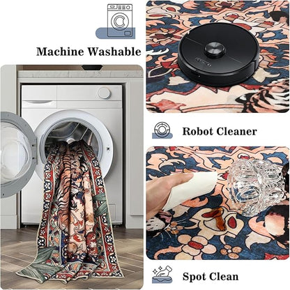 Tiger Washable Area Rugs for Living Room 5x7Ft Non Slip, Botanical Jungle Bedroom Rugs, Soft Boho Animal Printed Kids Nursery Floor Carpets for Dining Room Dorm Farmhouse Office, Red Blue