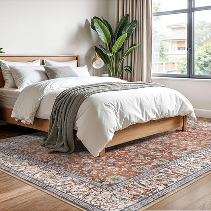 KUTA Vintage Floral 6x9 Area Rugs, Washable Rugs for Living Room Non Slip, Red Clay Ultra Thin Soft Print Distressed Flower Low-Pile Traditional Carpet for Bedroom Dining Room Dorm Office