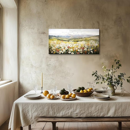 SERIMINO Green Rustic Landscape Wall Art, Mountain Floral Field Large Artwork, Meadow Daisy Scenery Canvas Prints, Nature Wildflower Wall Pictures for Living Room Kitchen Cottage Farmhouse 20X40 Inch