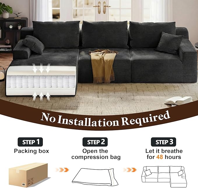 Homkdom L-Shaped Cloud Boneless Couch with Deep Seat, Modular Sectional Sofa with Oversized Chaise, 6 Layouts Combination for Living Room, Apartment, No Assembly (Black, Left Facing Chaise)