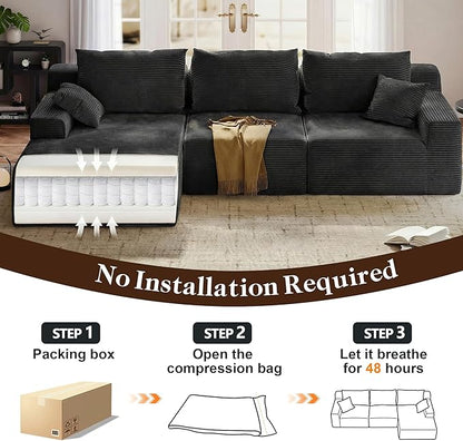 Homkdom L-Shaped Cloud Boneless Couch with Deep Seat, Modular Sectional Sofa with Oversized Chaise, 6 Layouts Combination for Living Room, Apartment, No Assembly (Black, Left Facing Chaise)