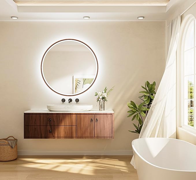 TETOTE Round Led Oil Rubbed Bronze Bathroom Mirror 36 Inch Circle Round Lighted Vanity Mirror with Lights for Bathroom Wall, 3 Color Stepless Dimmable, Anti Fog, Shatterproof, CRI 90+