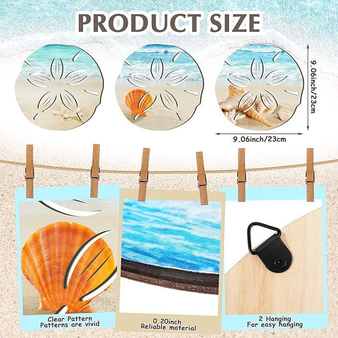 Tatuo 3 Pcs Summer Coastal Wall Decor Bathroom Beach Blue Wall Art Sea Turtle Surfboard Seahorse Starfish Seashell Conches Crabs Sea Life Decor for Bedroom Home (Sand Dollar Style)