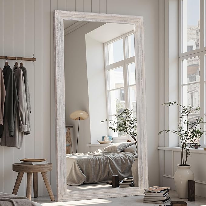 Full Length Mirror, 81"x41" Wooden Mirror Full Length with Stand Wood Floor Mirror, Oversized Stand Up Mirrors Large Wall Mirrors, Wall Mounted Mirrors, Rect Wood Style, White