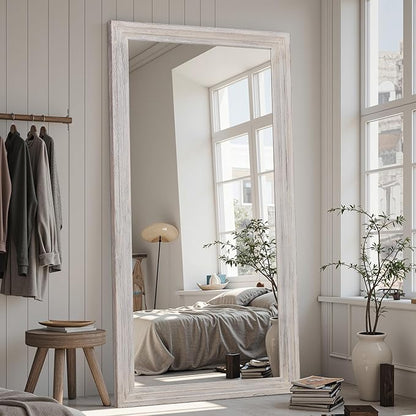 Full Length Mirror, 81"x41" Wooden Mirror Full Length with Stand Wood Floor Mirror, Oversized Stand Up Mirrors Large Wall Mirrors, Wall Mounted Mirrors, Rect Wood Style, White