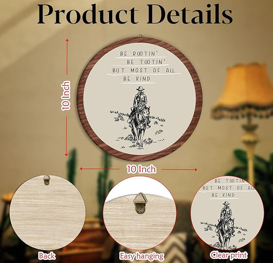 Western Cowboy Hanging Wall Art Decor, Preppy Trendy Southwestern Round Wooden Wall Art, Vintage Retro Western Hanging Decorations for Apartment Home Living Room Bedroom Bathroom Kitchen Office, 05
