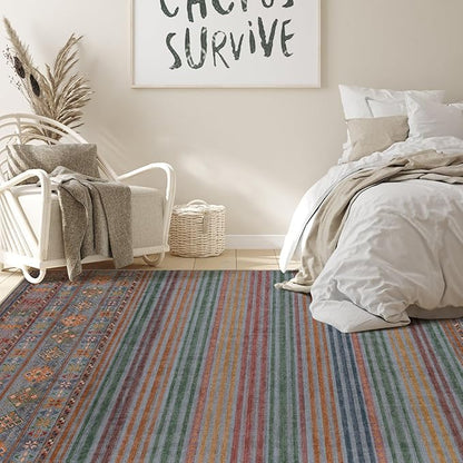 Nakagishi 6X9 Area Rugs Living Room: Washable Large Vintage Rug Neutral Non-Slip Soft Stain Resistant Indoor Carpet for Bedroom Nursery Dining Room Office Playroom - Multi Color