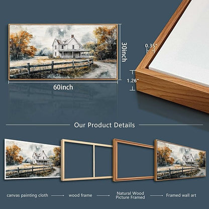 QIYILEXWART Wood Framed Canvas Wall Art For Living Room Large Wall Decor For Office Bedroom Decoration Farmhouse Watercolour Pictures White Hut Painting Artworks Room Ready To Hang