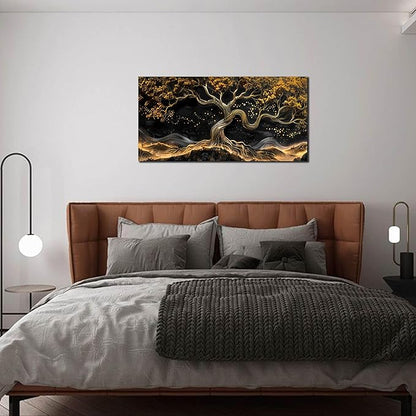 Gold Trees Canvas Wall Art for Living Room - Black Art Wall Decor for Bedroom - Office Artwork Wall Decor Size 20" x 40"