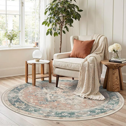 Rugxara 4ft Circle Rug, Soft Round Boho Rug, Washable Non Slip Area Rug for Living Room, Bedroom, Dining Room, Entryway, Round Rugs for Home, Patio, Office, Kids Room, Coral(Blue&Orange)