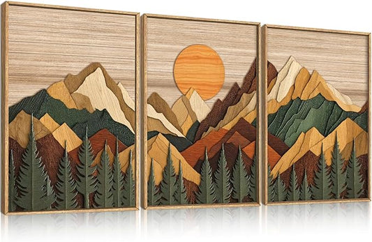 Celestdeco Large Woodcut Style Mountain Framed Canvas Wall Art Set, Woodsy Rustic Ridge Wall Decor, Boho Pine Tree Forest Wall Painting, Abstract Sunrise Wooden Art Print for Living Room, Bedroom, Office - 16"X24"X3 (Not-3D Effect)
