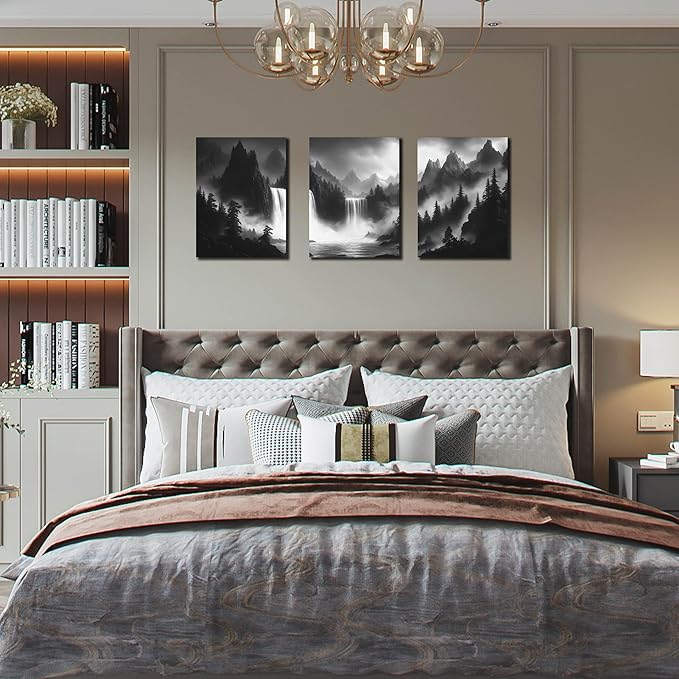 CIRABKY Foggy Forest Wall Art for Living Room - Mountains Canvas Wall Art for Office - Black and White 3 Piece Wall Decor Size 12" x 16"