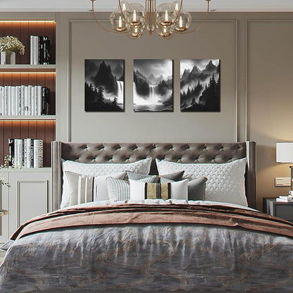 CIRABKY Foggy Forest Wall Art for Living Room - Mountains Canvas Wall Art for Office - Black and White 3 Piece Wall Decor Size 12" x 16"