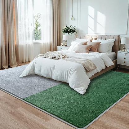 Rugs for Bedroom Living Room, 5x7 ft Light Grey Dark Green Area Rug, Washable Memory Foam Non-Slip Carpet, Modern Minimalist Indoor Carpets for Boys Girls Kitchen Home Decor