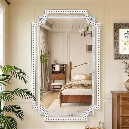 30x47 Inch Rustic Farmhouse Bathroom Mirrors for Over Sink, Large Boho Decorative Wall Mirror Wooden for Living Room, Entryway, Fireplace Mantel & Hallway - Horizontal or Vertical Hanging