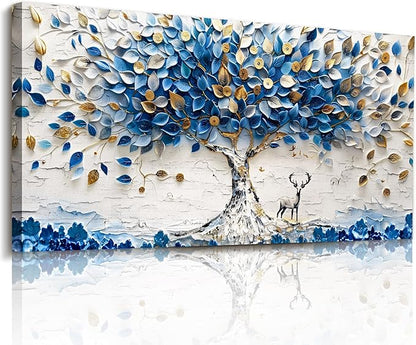 imjiayu Tree of Life Wall Art, Large Wall Decor, Blue Wall Art, White Gold Money Tree Prints, Modern Feng Shui Decor, Abstract Canvas Paintings Wall Decor Living Room Bedroom Office Hallway 24"x48"