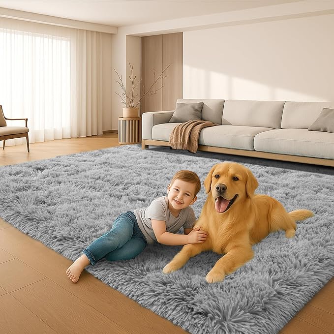 8x10 Area Rugs Living Room, Gray Plush Fluffy Bedroom Rugs, Non-Slip Upgraded Indoor Thick Soft Rug, Modern Plush Carpet Suitable for Kids Home Decor Aesthetics Dorm.