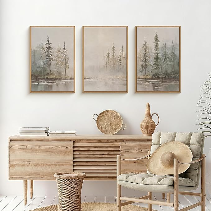 HPNIUB Modern Misty Pine Tree Framed Wall Art Set,Neutral Abstract Landscape Wall Decor,Nature Foggy Forest Art Print,Beige Rustic Farmhouse Artwork for Living Room, Bedroom,Office-24 x36 x3