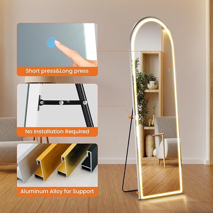 Sweetcrispy Arched Full Length Mirror with LED Lights, 61"x17" Lighted Full Body Floor Mirror with Dimming & 3 Color Lighting, Stand for Bedroom, Dressing Room