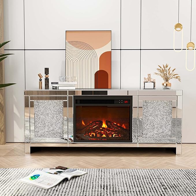 IKIFLY Mirrored Fireplace TV Stand, Mirrored Media Entertainment Center for TV up to 55 inch, Silver TV Console Table Mirrored Furniture for Living Room