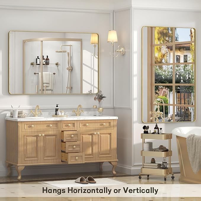 55x36 Inch Gold Framed Bathroom Mirror, Rectangle Brushed Gold Metal Vanity Mirror, Large Modern Mirror for Wall, Rounded Corner, Tempered Glass, Anti-Rust, Shatterproof (Horizontal/Vertical)