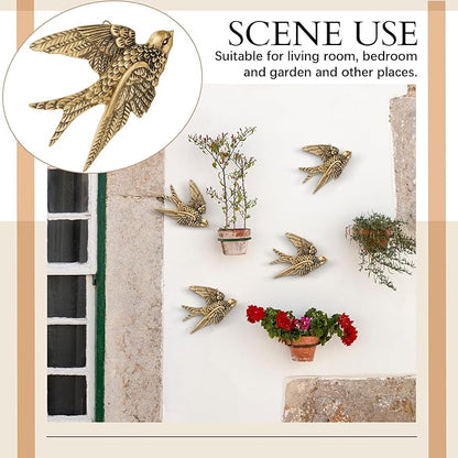 4 Pcs Vintage Bird Wall Sculpture Decor Art 4.7 Inch Antique 3D Sculpted Hanging Bird Resin Wall Art Golden Brass Floating Ornament for Living Room Garden Outdoor, Gifts for Couples Housewarming