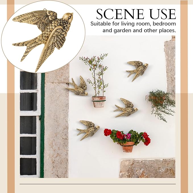 2 Pcs Vintage Bird Wall Sculpture Decor Art 4.7 Inch Antique 3D Sculpted Hanging Bird Resin Wall Art Golden Brass Floating Ornament for Living Room Garden Outdoor, Gifts for Couples Housewarming
