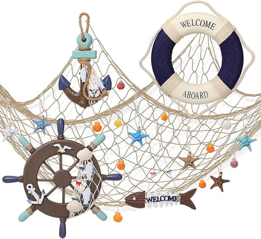 Marsui 11 Pcs Wooden Nautical Wall Decor Fishing Net Decoration, Include Decorative Fishing Net, Ship wheel, Fish Skeleton, Life Ring, Anchor, Starfish Beach Decor for Mediterranean Party (Brown)