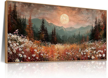 BQVCT Mountain Landscape Wall Art 24x48 Inch Wildflower Meadow Moon Framed Canvas Print Nature Scenery Painting Decor for Living Room Bedroom Office