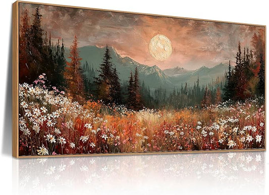 BQVCT Mountain Landscape Wall Art 24x48 Inch Wildflower Meadow Moon Framed Canvas Print Nature Scenery Painting Decor for Living Room Bedroom Office