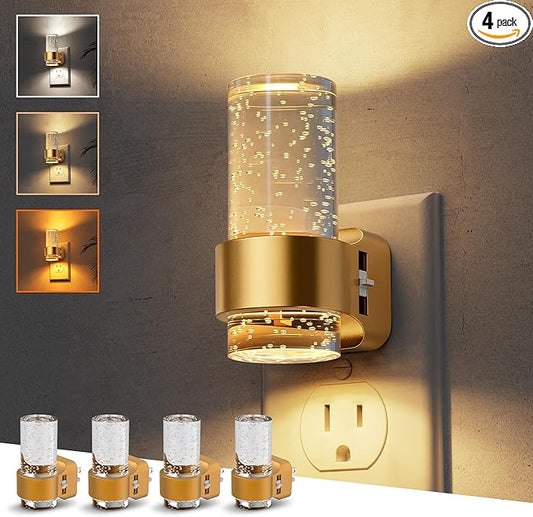 L LOHAS LED Night Lights Plug into Wall, 4 Pack Mini Dimmable Night Light with Dusk-to-Dawn, Soft White/Cool White/Amber 3 Light Color, 0-100LM Adjustable Brightness, Bubble Nightlight for Hallway