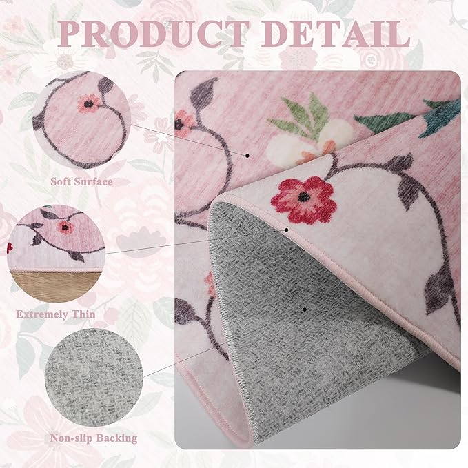 DUKINO 2x3 Rugs for Entryway, Floral Indoor Washable Door Mat, Non Slip Boho Small Rug for Kitchen, Soft Low Pile, Front Door Throw Rug for Entrance, Bedroom, Kitchen, Laundry, Bathroom, Pink