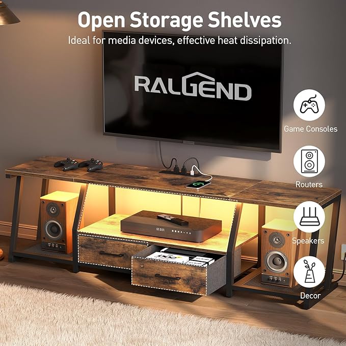 RALGEND LED TV Stand for 55 65 Inch TV, Entertainment Center with Open Shelves and Power Outlets, TV Console Table with Fabric Drawers, Media Console for Living Room, Bedroom, Rustic Brown and Black