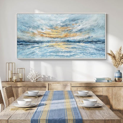 Extra Large Framed Blue Gold Abstract Wall Art for Living Room, Oversized Modern Horizontal Canvas Prints Paintings Artwork for Walls, Coastal Horizon Pictures for Bedroom Hallway Wall Decor 30x60 In