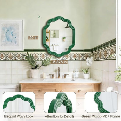 Green Wavy Oval Mirror 16x20 Scalloped Wall Mounted Unique Wooden Frame Modern Mirror for Bedroom Living Room Entryway Hallway