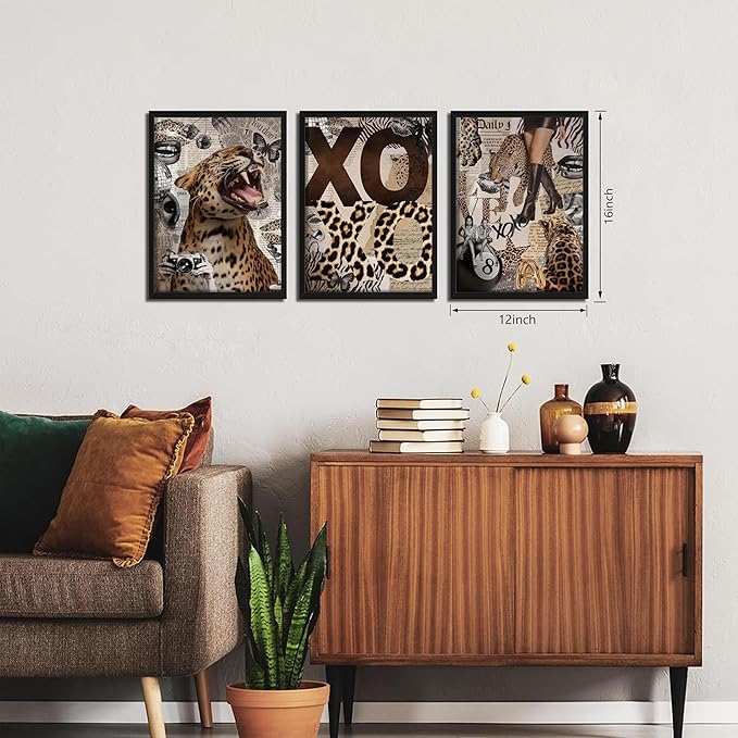 Framed Trendy Leopard Roar Canvas Wall Art Srt of 3, Fashion Stylish Cheetah Prints, Trendy Boots Poster, Aesthetic Fashion Wall Decor for Living Room Bedroom – Black Wooden Frame 12x16in