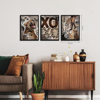 Framed Trendy Leopard Roar Canvas Wall Art Srt of 3, Fashion Stylish Cheetah Prints, Trendy Boots Poster, Aesthetic Fashion Wall Decor for Living Room Bedroom – Black Wooden Frame 12x16in