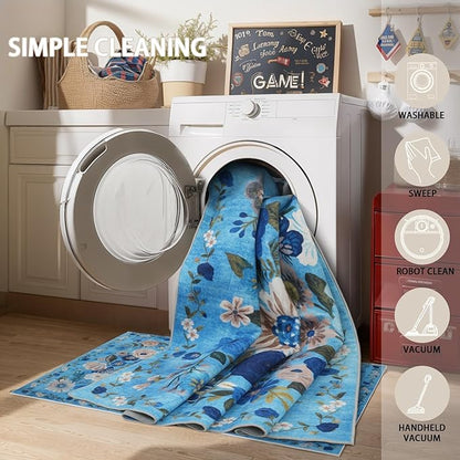 Floral Washable Rug for Entryway, 2x3 Kitchen Mat Ultra-Thin Soft, Non-Slip Indoor Door Carpet Stain Resistant Boho Small Low-Pile Throw for Bathroom Bedroom (Blue Garden, 2 x 3)