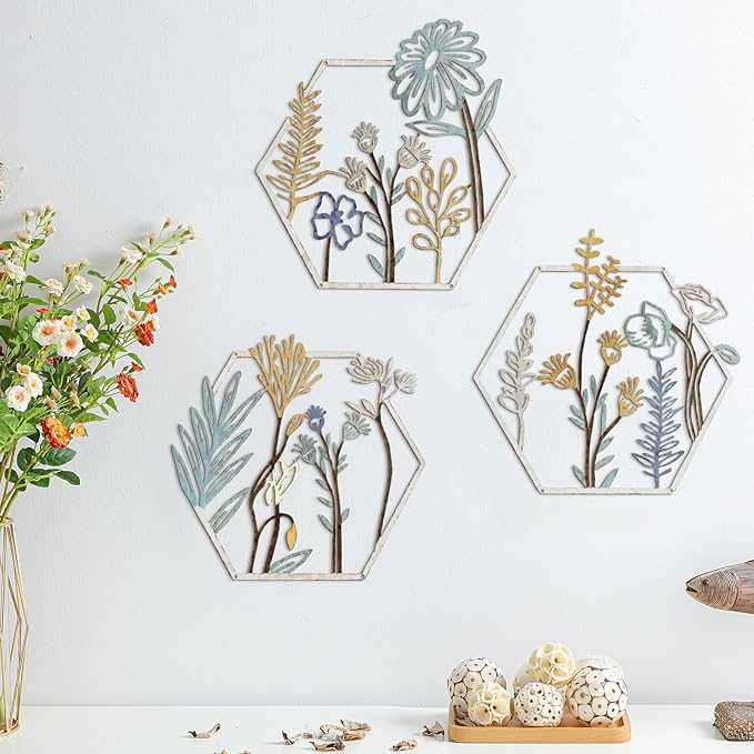 Peryiter 3 Pcs Metal Flower Wall Decor Minimalist Floral Wall Hanging Decor Metal Flower Rustic Floral Art for Spring Living Room Bathroom Kitchen Indoor Outdoor(Beige Gold)