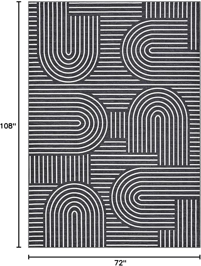 ROYHOME Washable Rug 6x9 Area Rugs for Living Room, Abstract Rug for Bedroom, Soft Rainbow Non Slip Throw Rugs with Rubber Back, Low Pile Stain Resistant Boho Geometric Carpet for Dining Room, Black