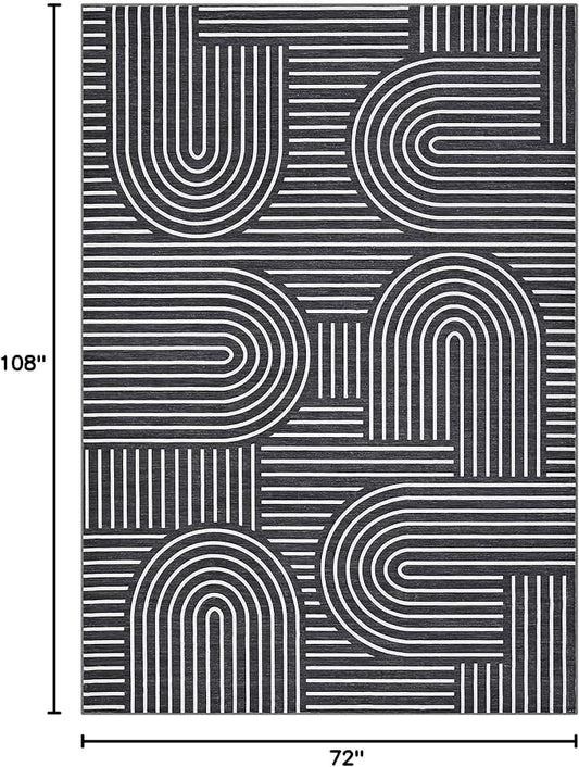 ROYHOME Washable Rug 6x9 Area Rugs for Living Room, Abstract Rug for Bedroom, Soft Rainbow Non Slip Throw Rugs with Rubber Back, Low Pile Stain Resistant Boho Geometric Carpet for Dining Room, Black