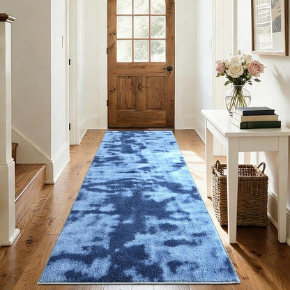 FinRèc 2x6 Washable Runner Rugs for Kitchen Hallway Bedroom, Low Pile Thin Ultra Soft Shag Rug, Non-Slip Carpet Indoor for Home Decor (Tie-dye Teal)